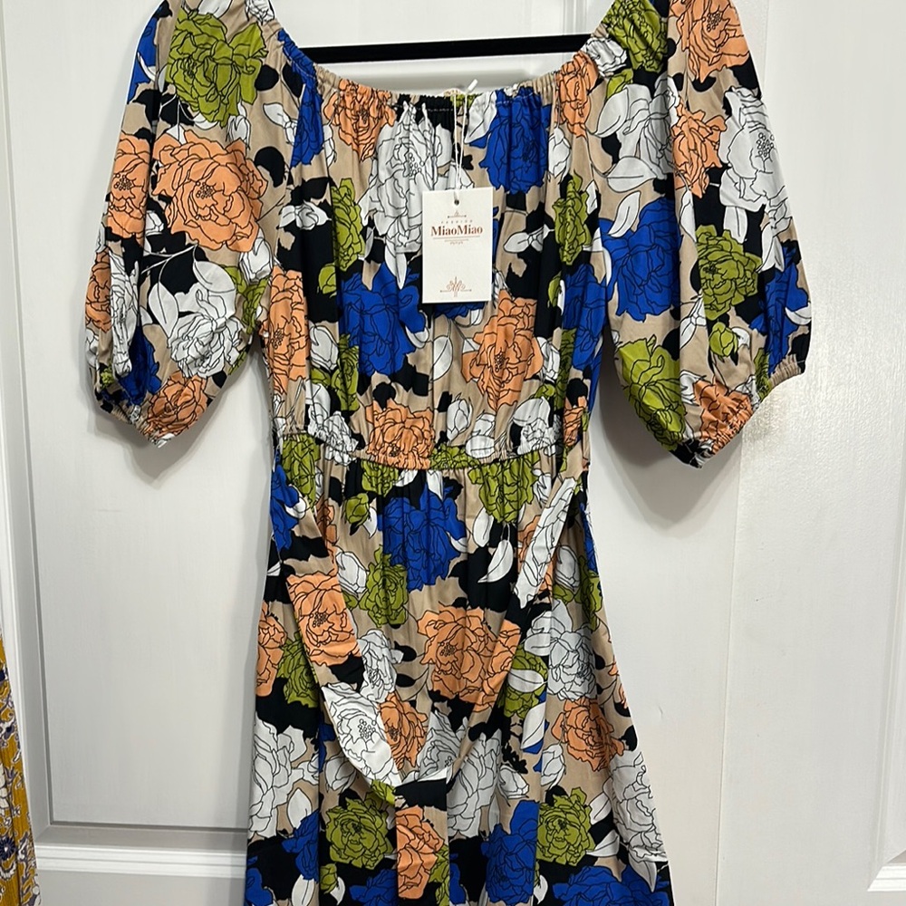 Vibrant Blue and‎ Orange Off-Shoulder Mini Dress with Puff Sleeves